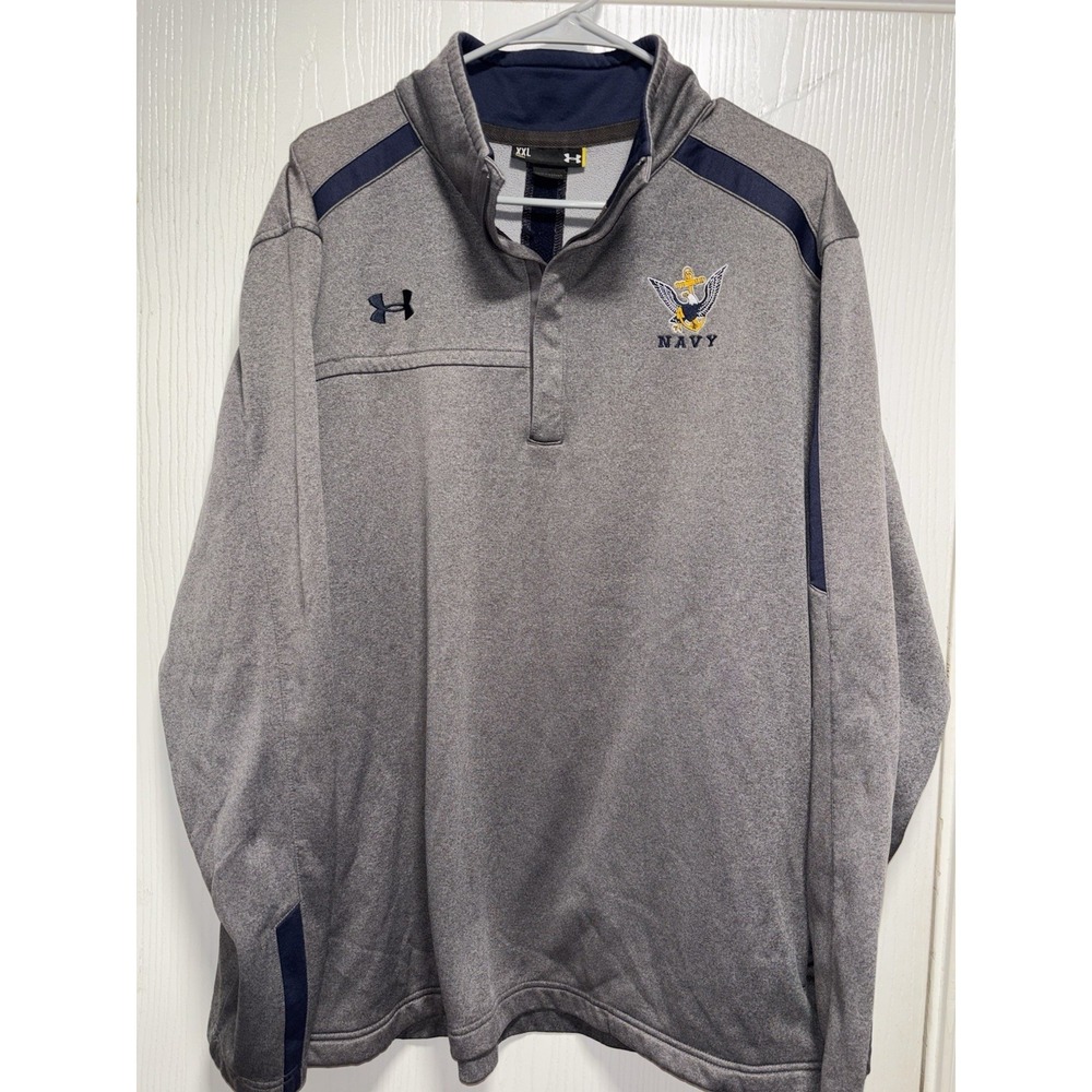 Under Armour Pullover Mens XXL Gray Fleece Mock Neck Navy Eagle Chest Pocket
